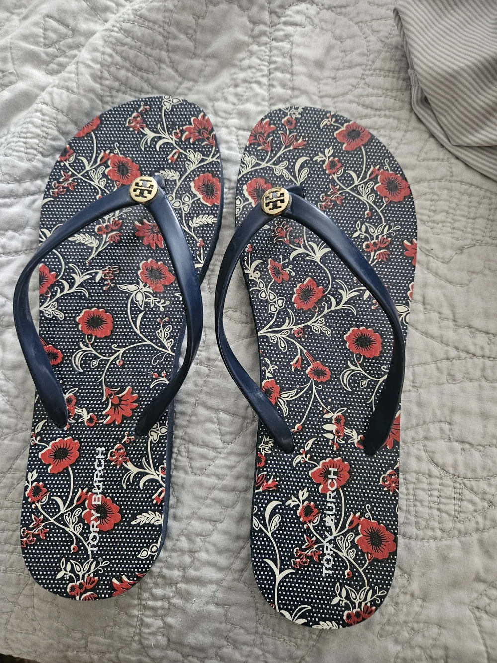 Tory Burch Navy and Red Floral Flip Flop Sandals